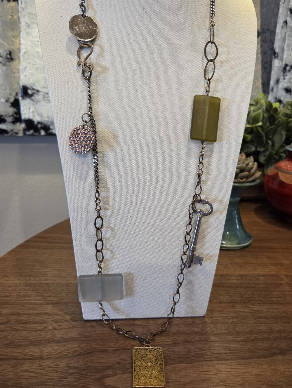 Twisted Silver Charm Necklace w/ Pendant Mixed Metal Chain